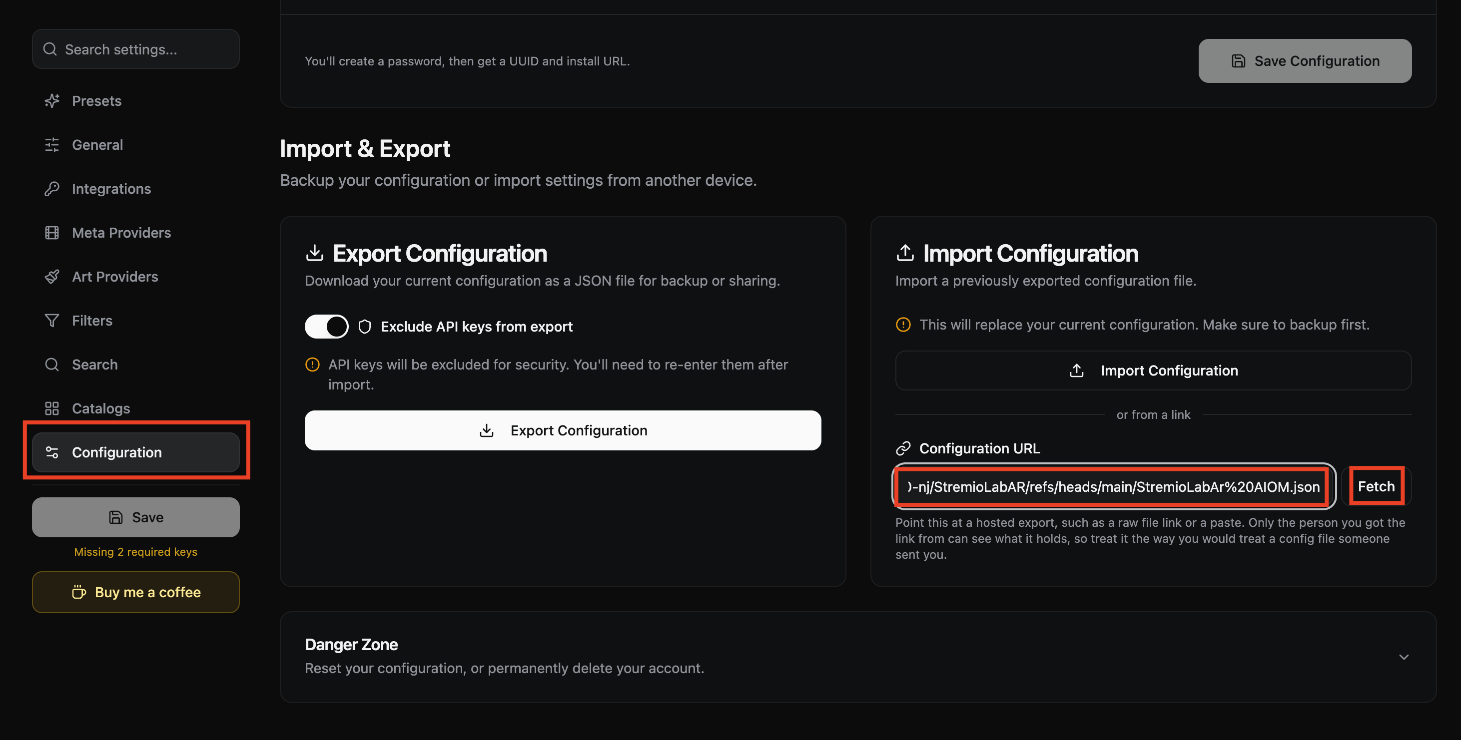 حقل Configuration URL وزر Fetch في AIOMetadata