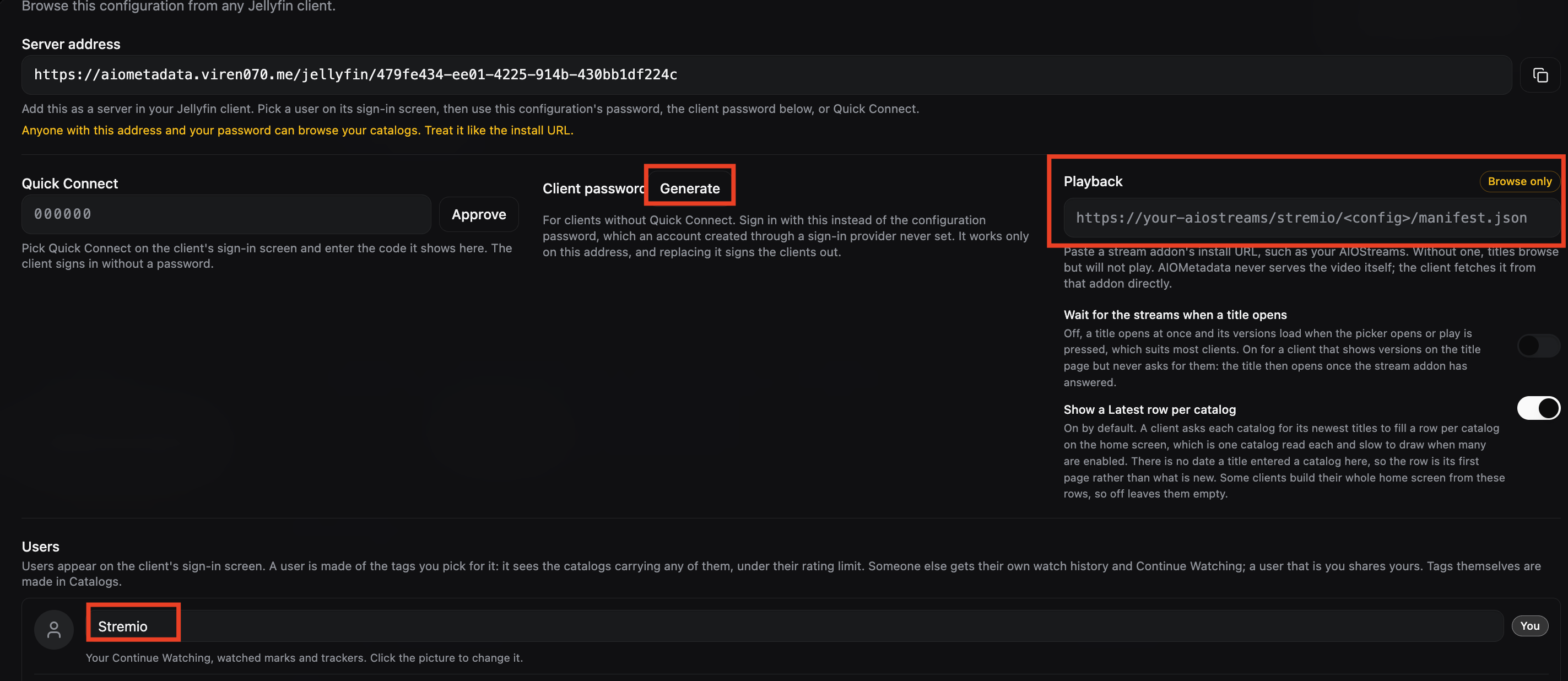 حقول Server address وClient password وPlayback وUsers