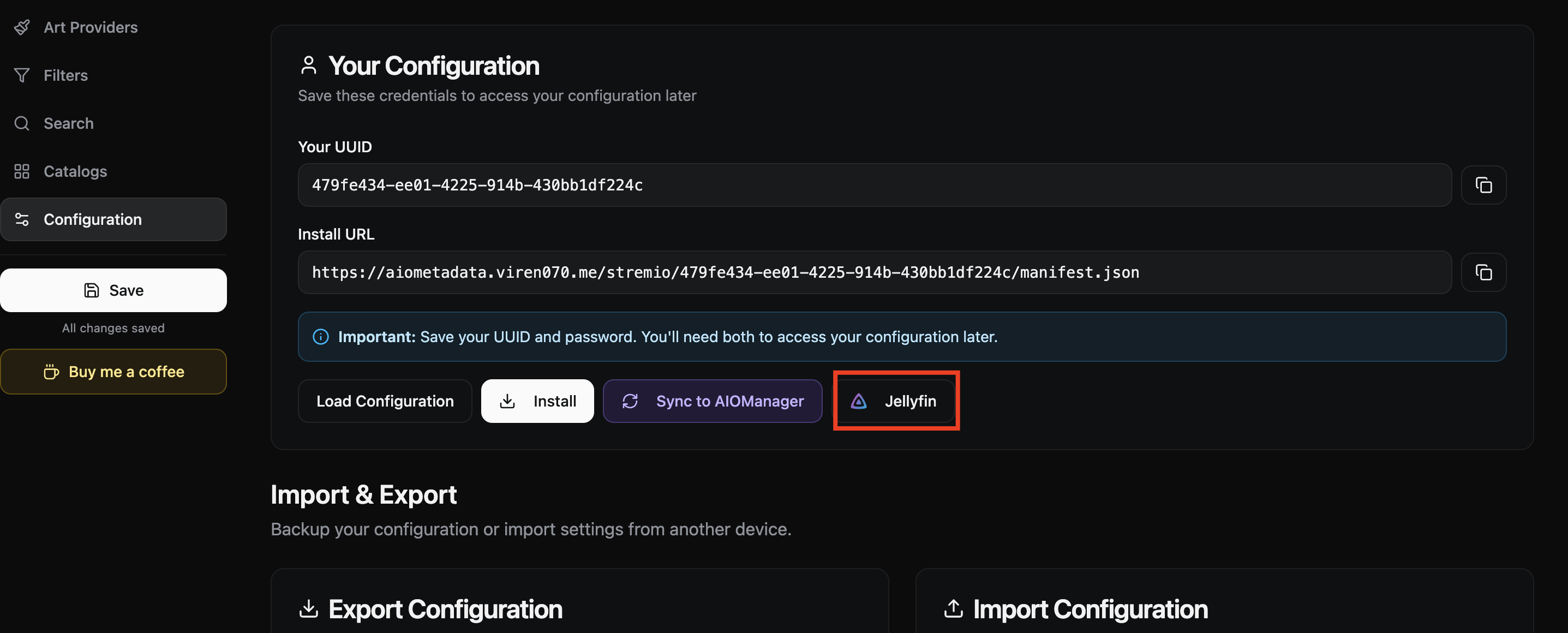 زر Jellyfin في إعداد AIOMetadata المحفوظ