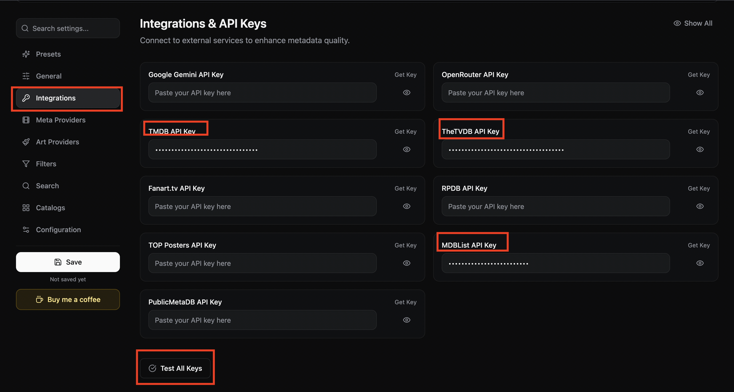 خانات مفاتيح TMDB وTheTVDB وMDBList في AIOMetadata