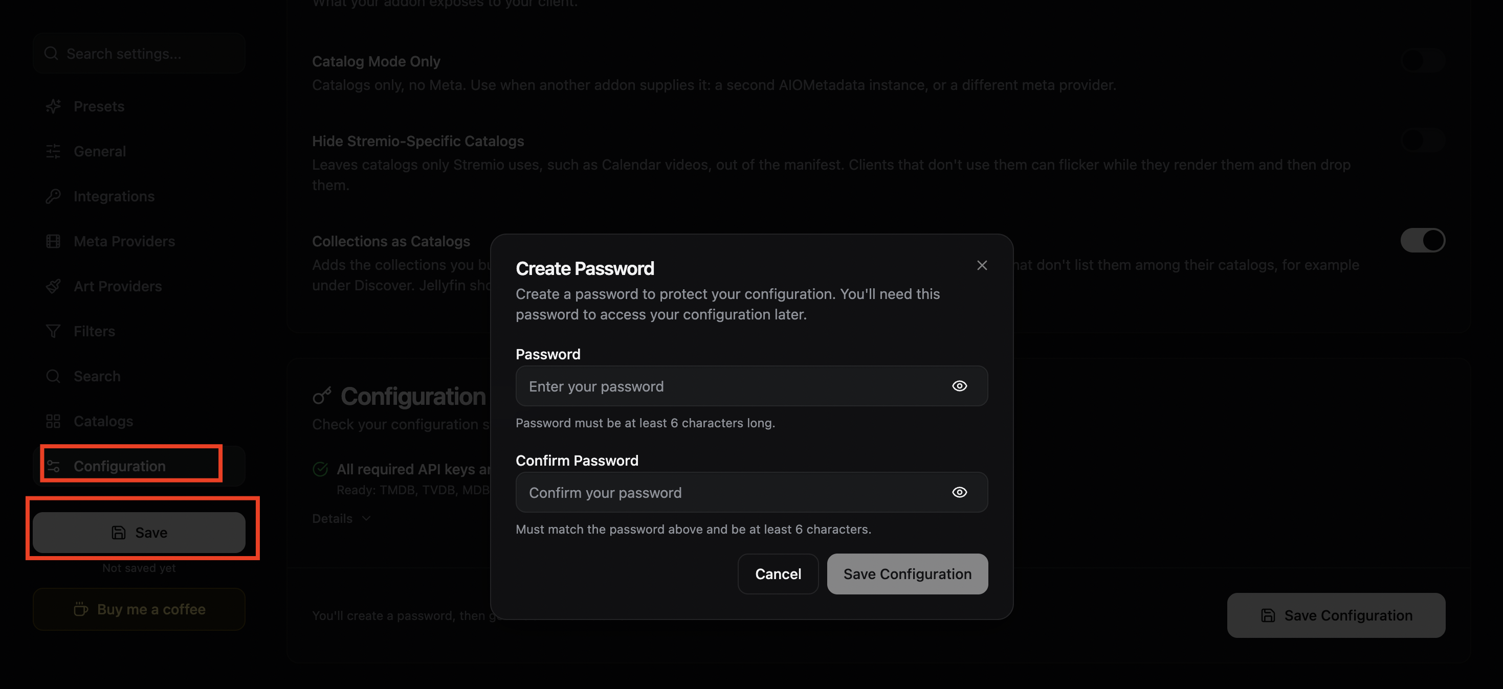 نافذة إنشاء كلمة مرور لحفظ إعداد AIOMetadata
