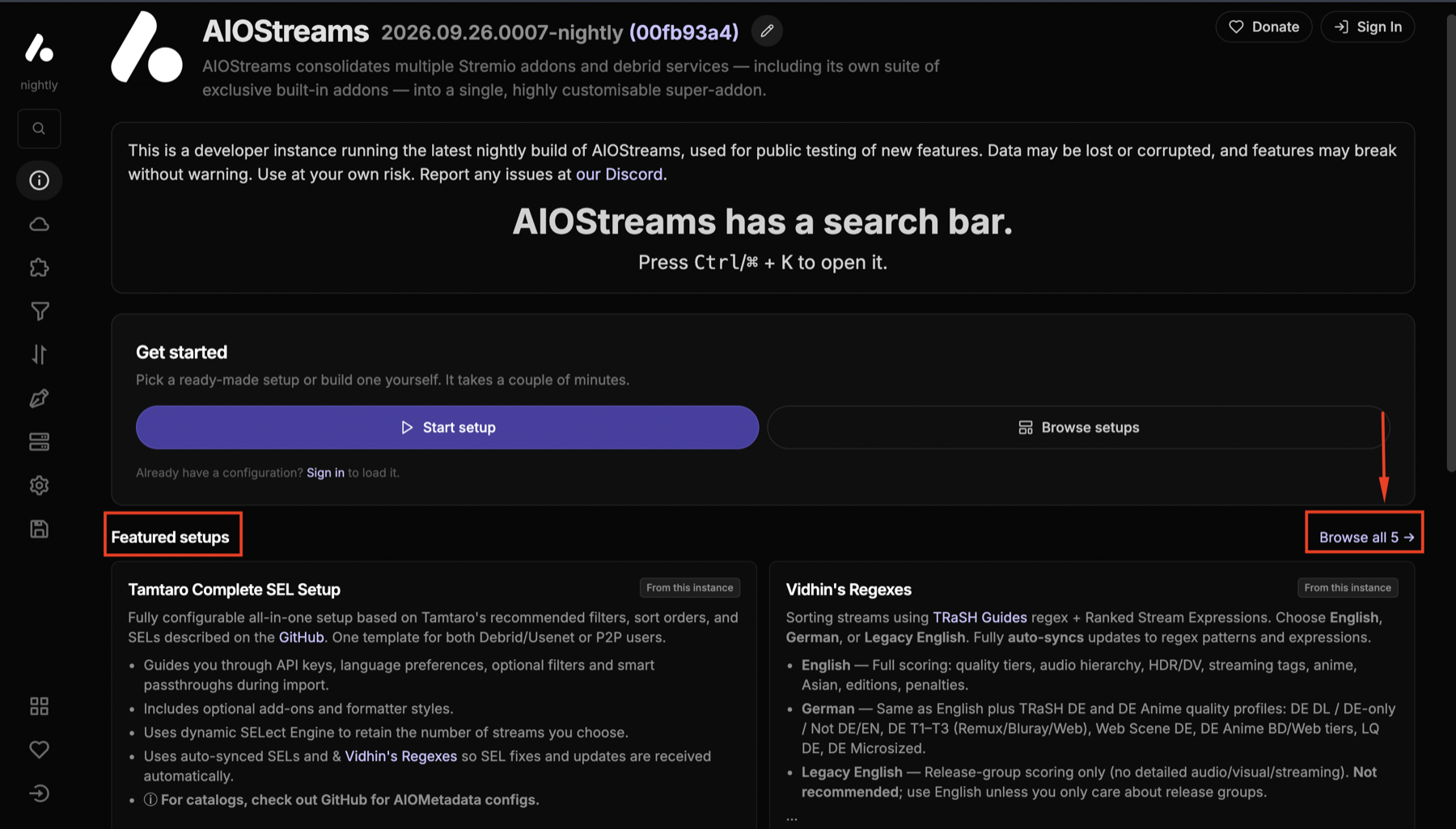 واجهة AIOStreams مع تحديد Featured setups وزر Browse all