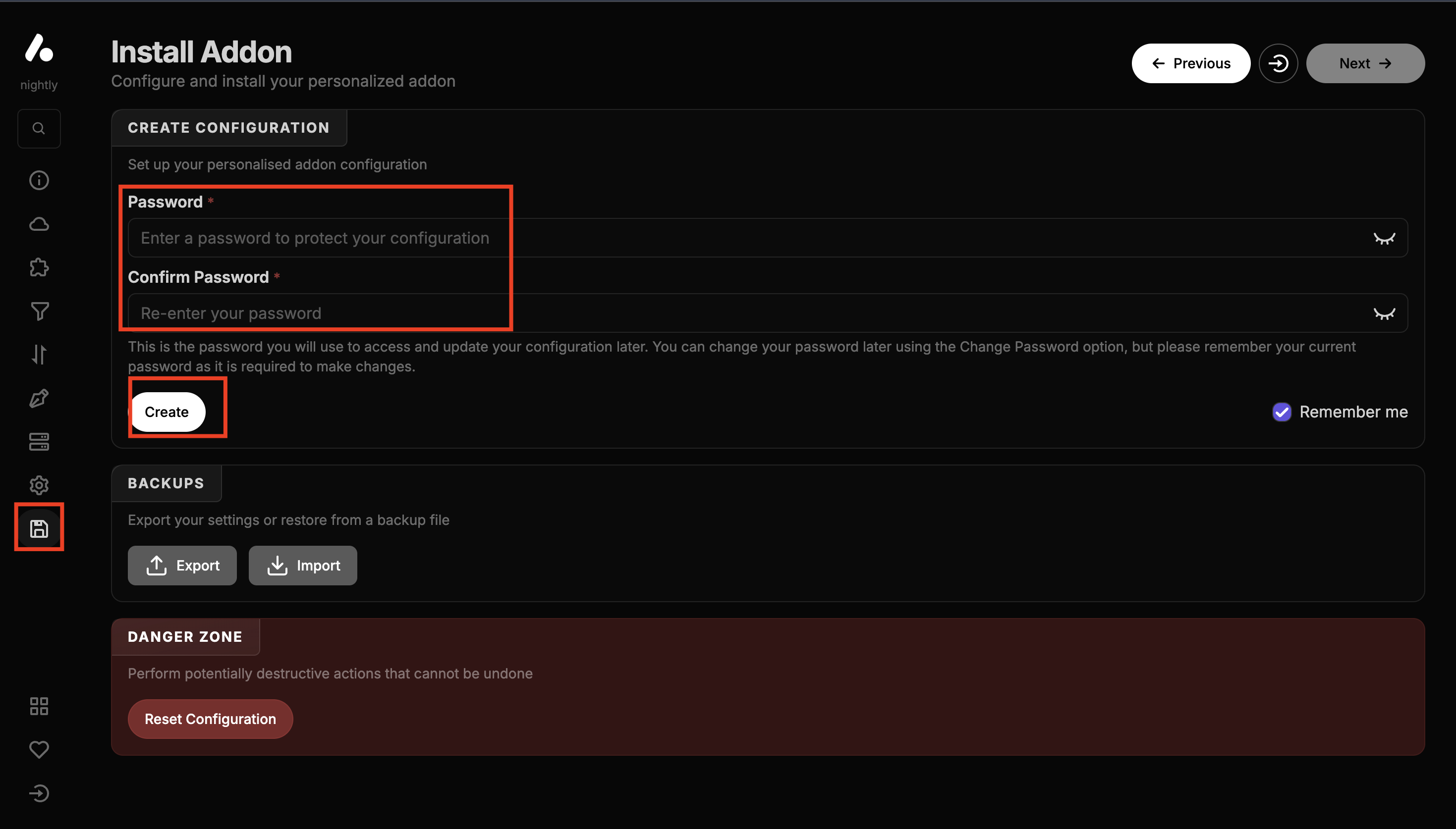 صفحة حفظ إعداد AIOStreams مع تحديد حقلي كلمة المرور وزر Create