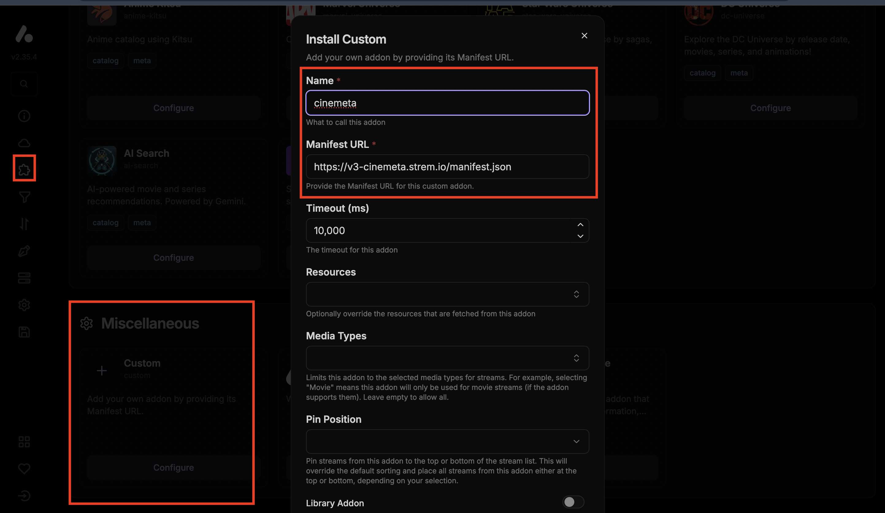نافذة إضافة Custom Addon في AIOStreams مع اسم Cinemeta ورابط Manifest