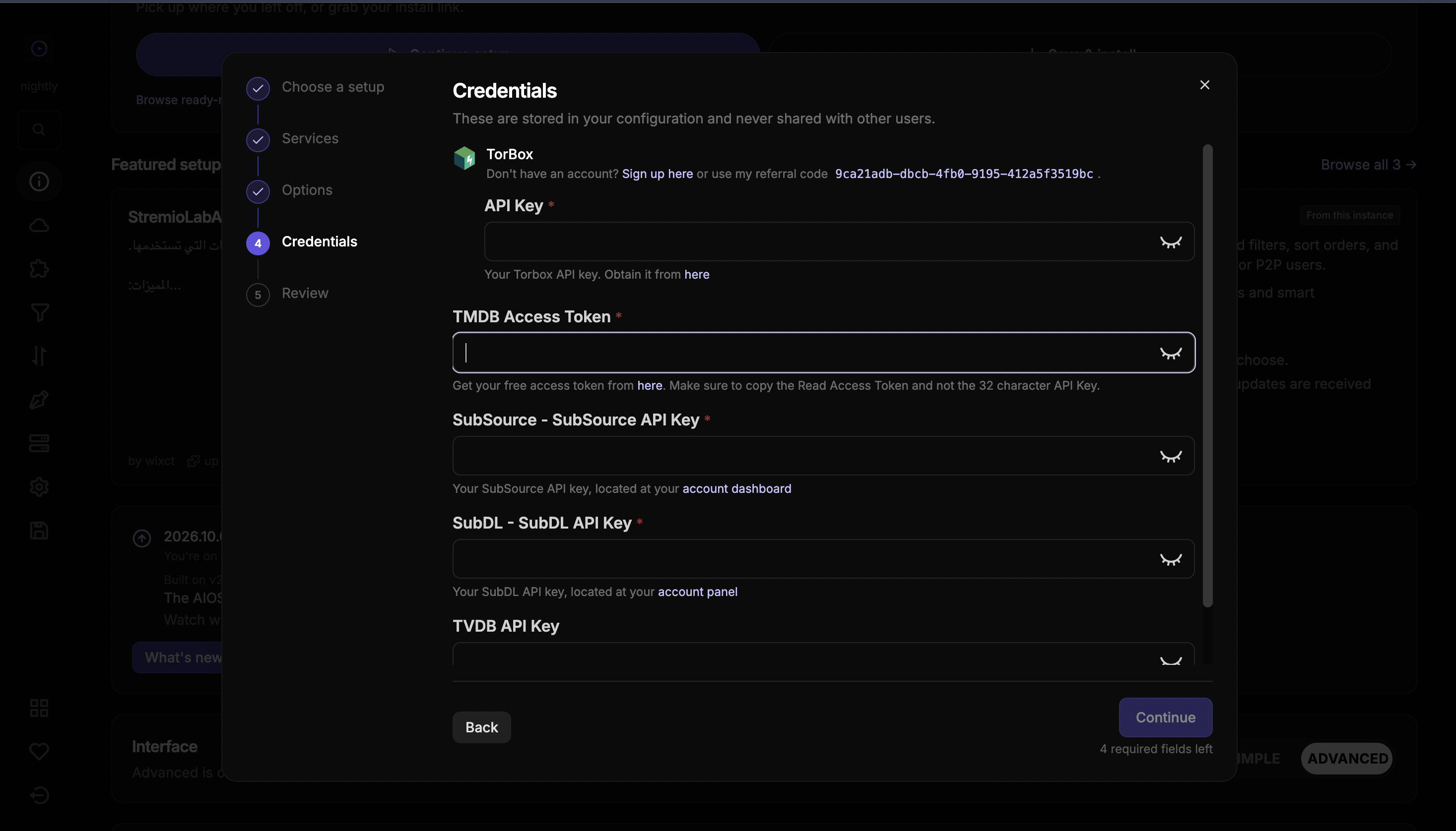 شاشة بيانات الاعتماد في AIOStreams، وتظهر حقول TMDB وSubSource وSubDL