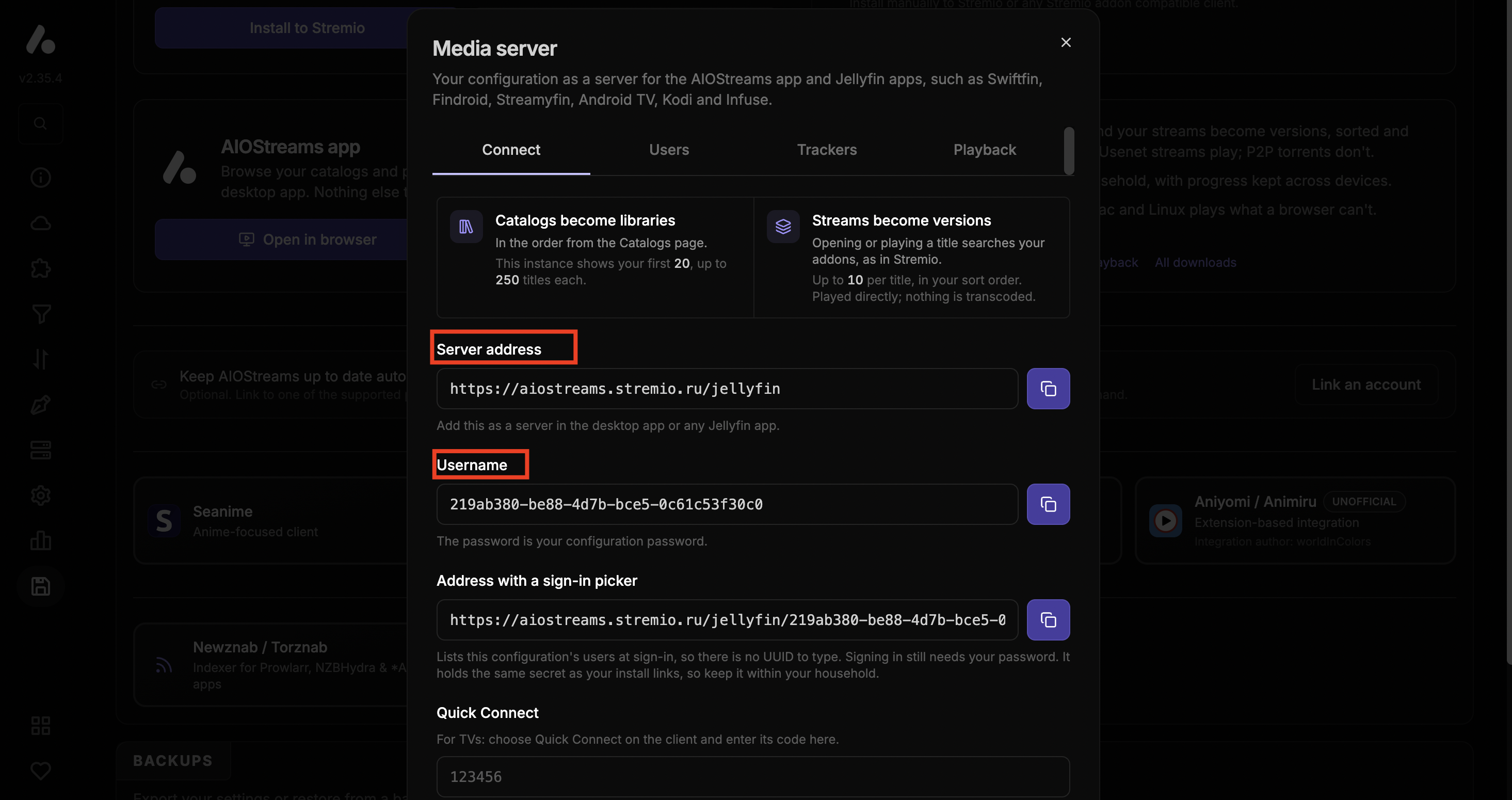 نافذة Media server وفيها Server address وUsername