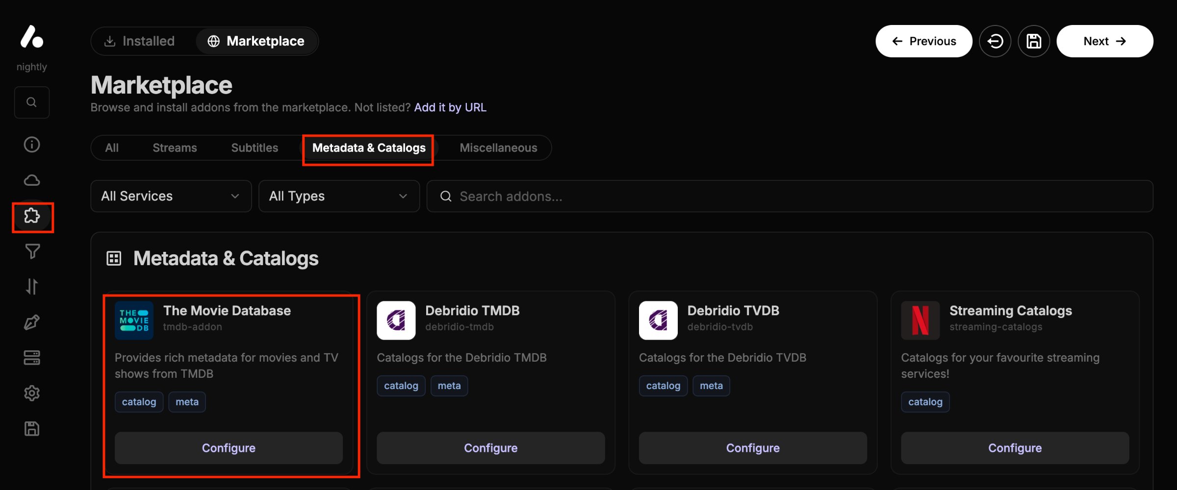 صفحة Marketplace في AIOStreams مع تبويب Metadata & Catalogs وإضافة The Movie Database