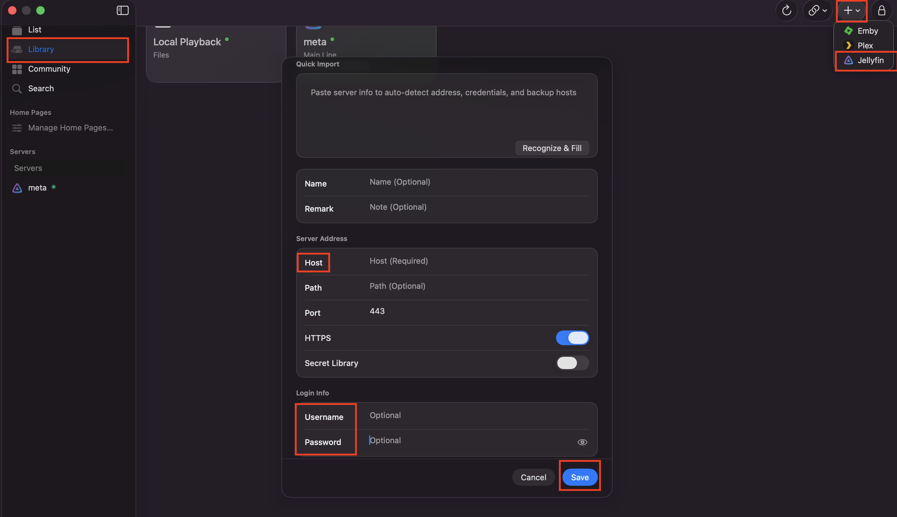 طريقة إضافة خادم Jellyfin في EplayerX مع تحديد Library وزر الإضافة وحقول Host وUsername وPassword وزر Save