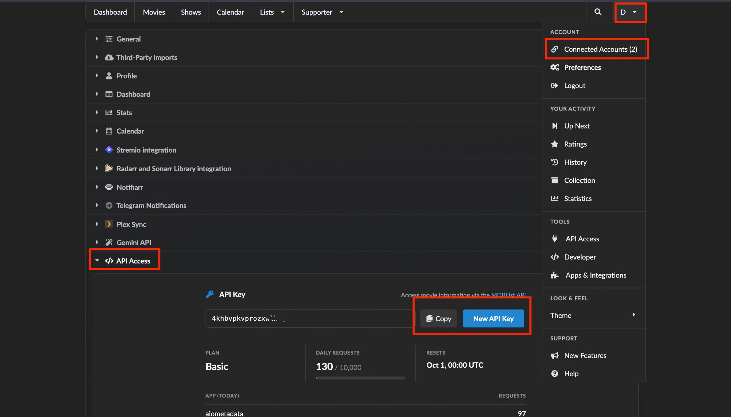 واجهة MDBList مع تحديد Connected Accounts وAPI Access وزر New API Key
