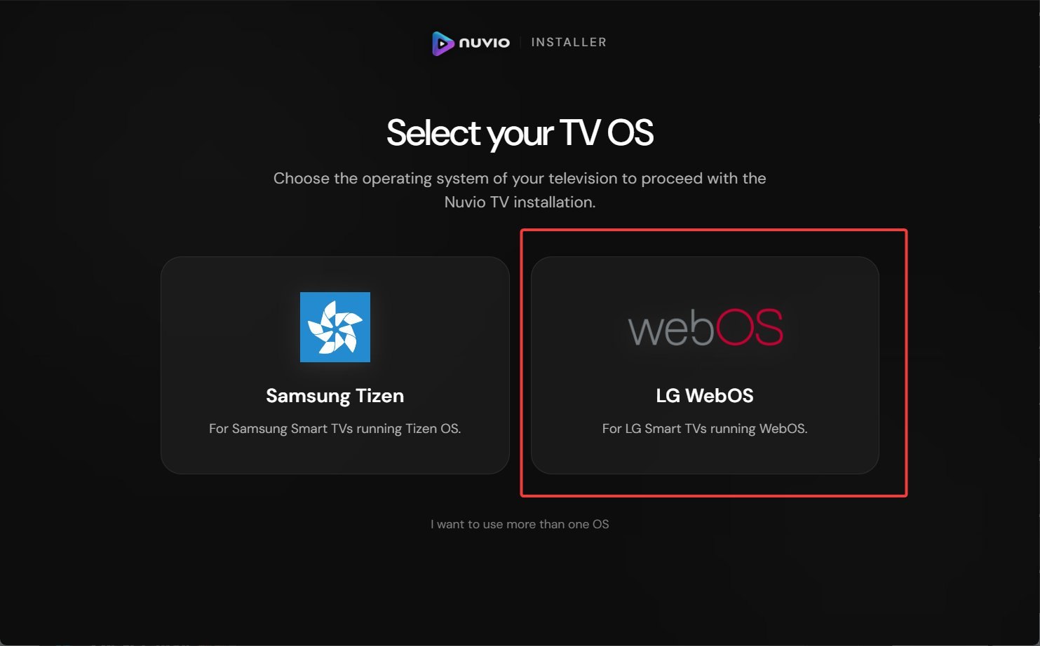 شاشة اختيار نظام التلفاز في برنامج تثبيت Nuvio وفيها Samsung Tizen