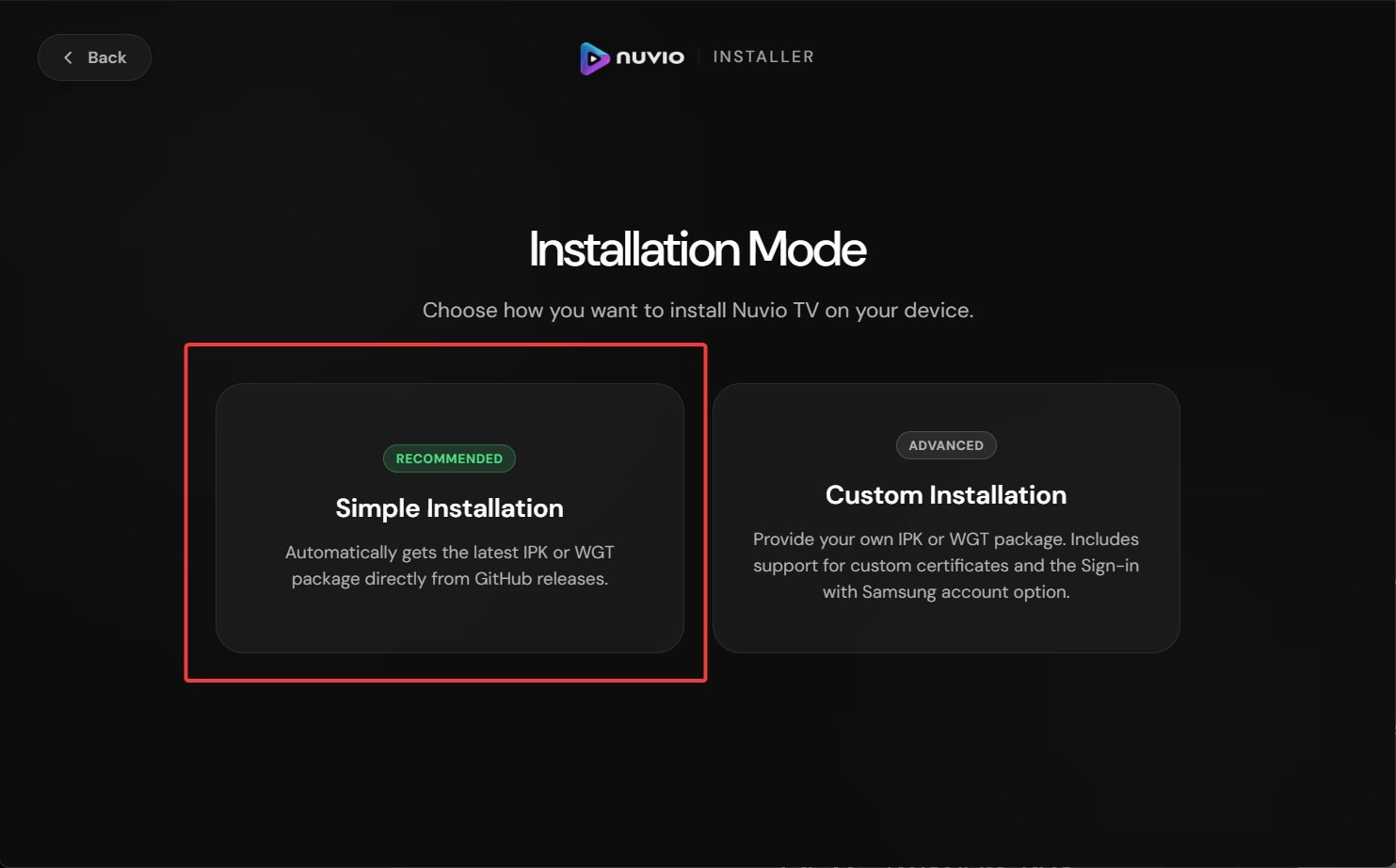 شاشة طريقة التثبيت مع تحديد Simple Installation