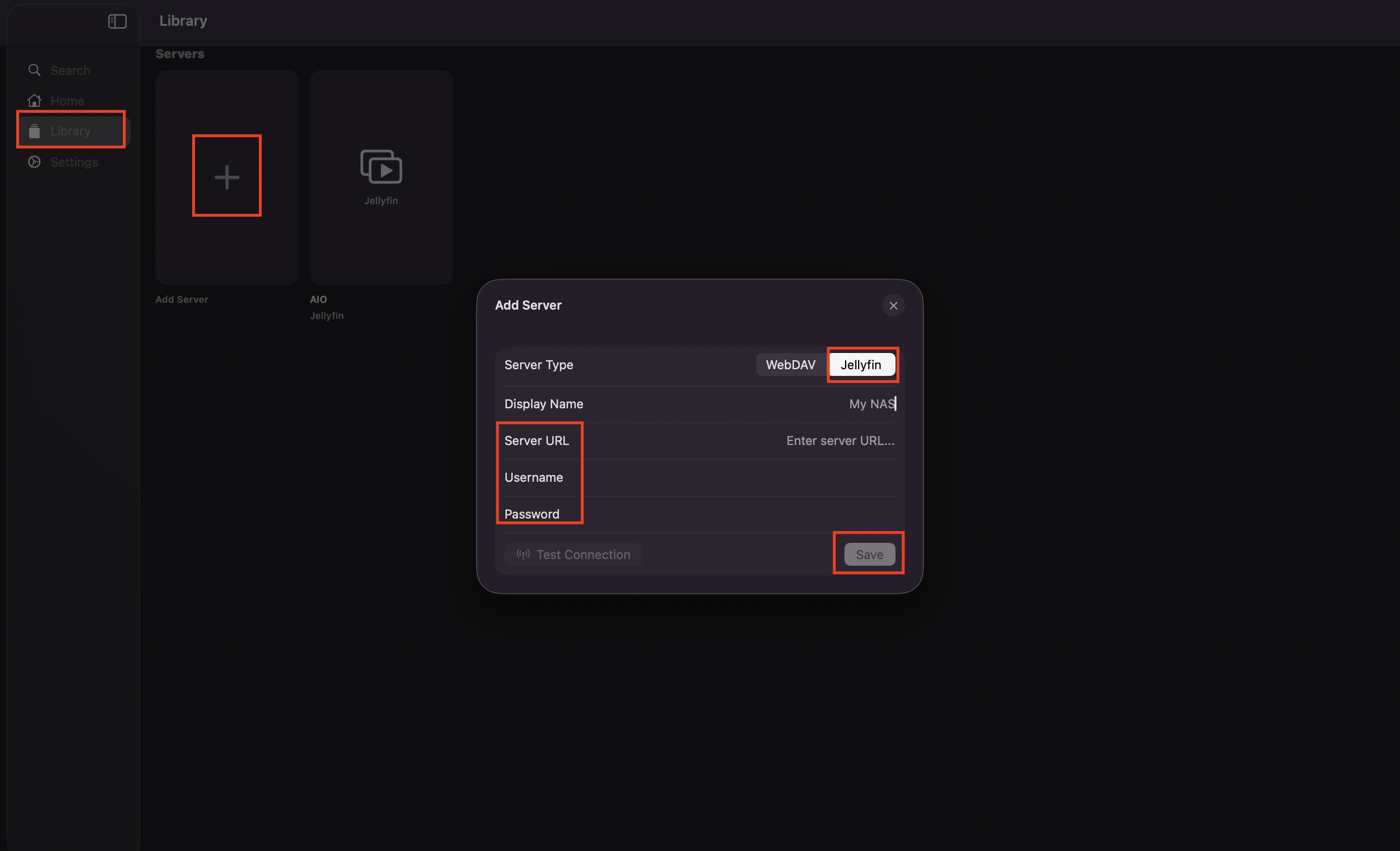 طريقة إضافة خادم Jellyfin في Odin مع تحديد Library وزر الإضافة وحقول Server URL وUsername وPassword وزر Save