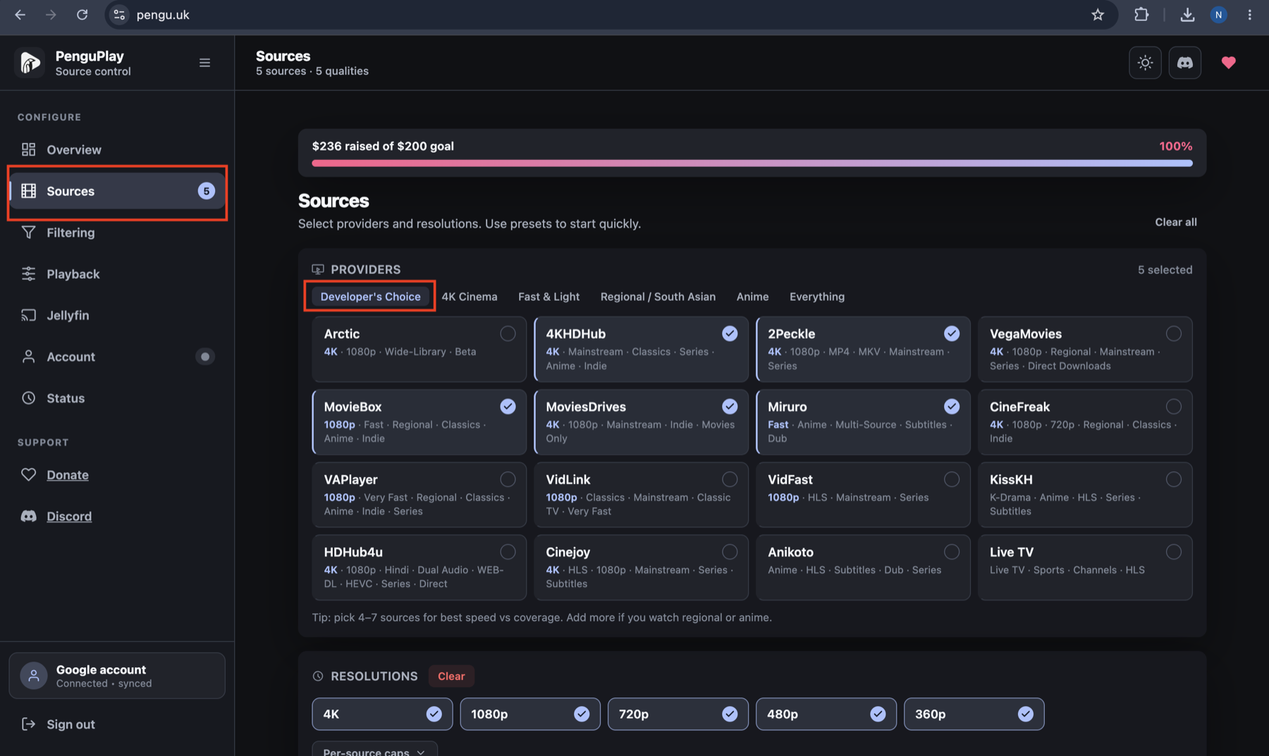 صفحة Sources في PenguPlay مع تحديد Developer's Choice