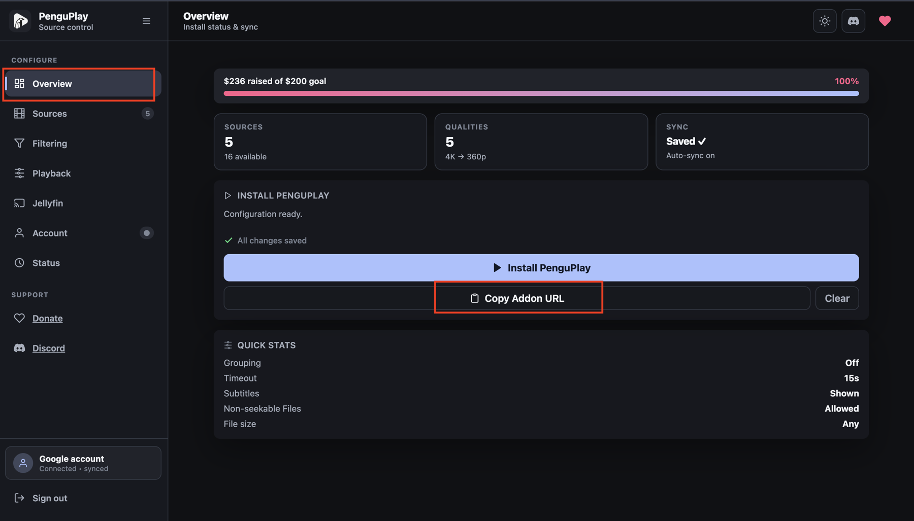 صفحة Overview في PenguPlay مع تحديد زر Copy Addon URL