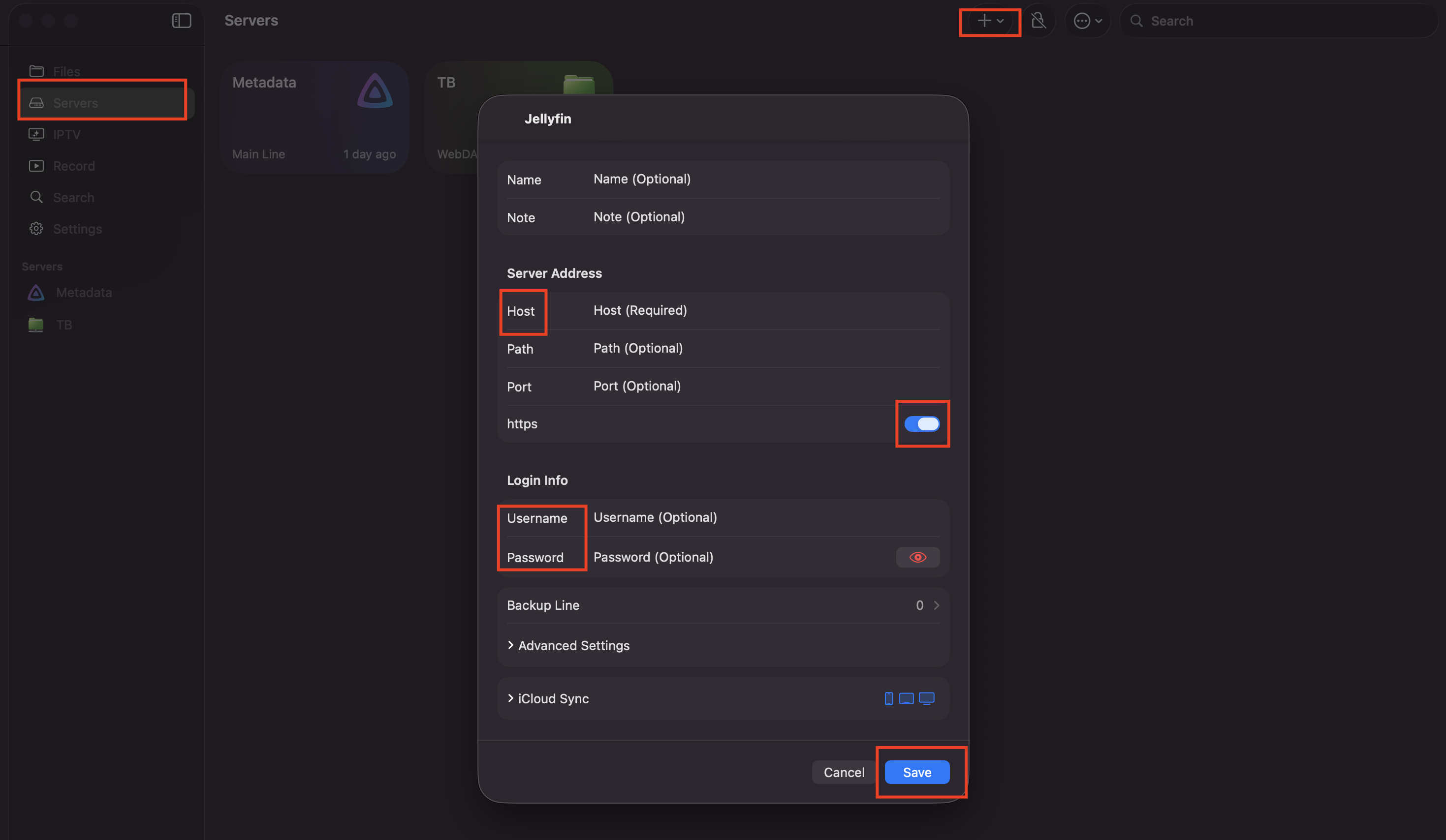 طريقة إضافة خادم Jellyfin في SenPlayer مع تحديد Servers وزر الإضافة وحقول Host وUsername وPassword وزر Save