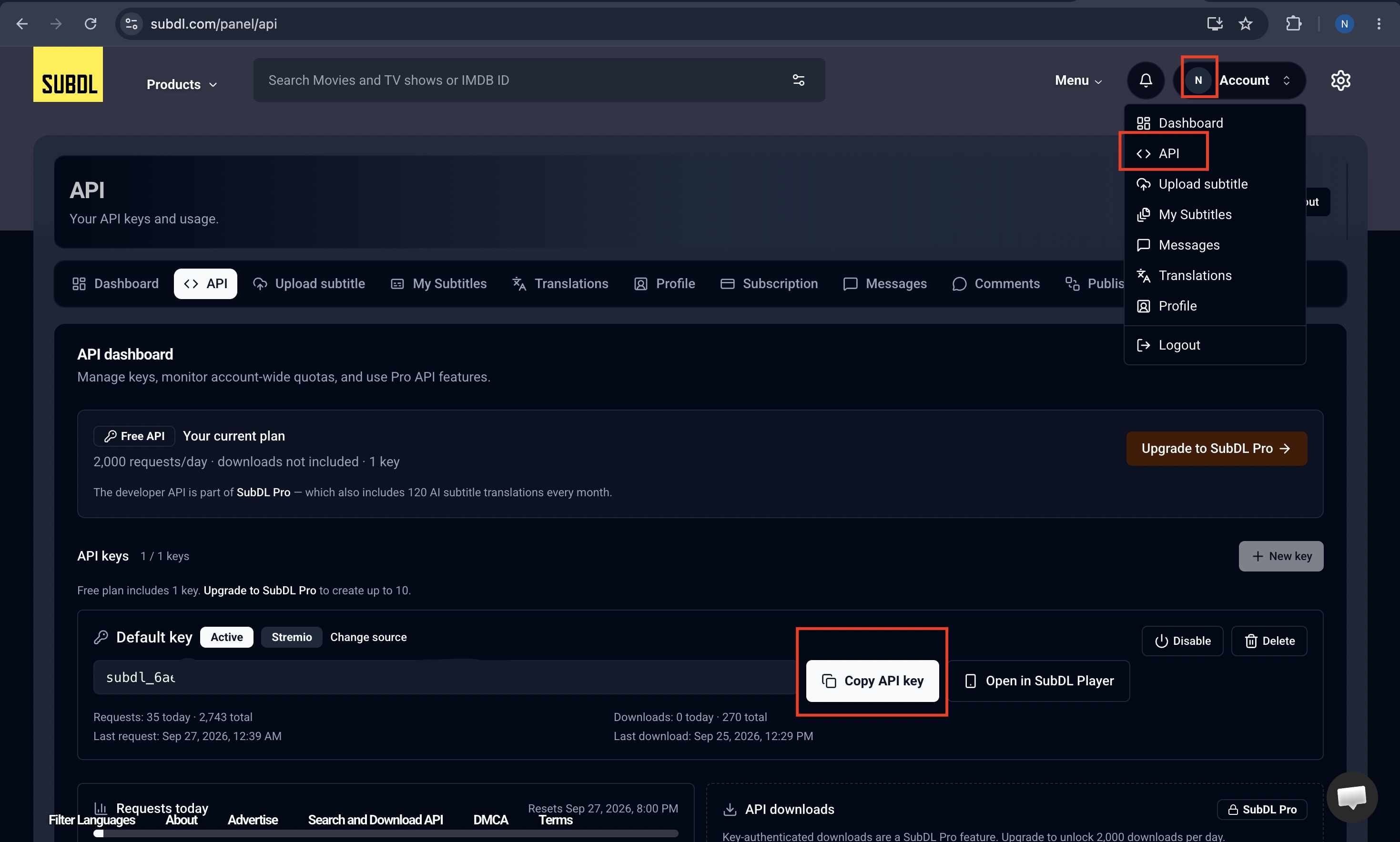 صفحة API في SubDL مع تحديد قائمة الحساب وزر نسخ مفتاح API