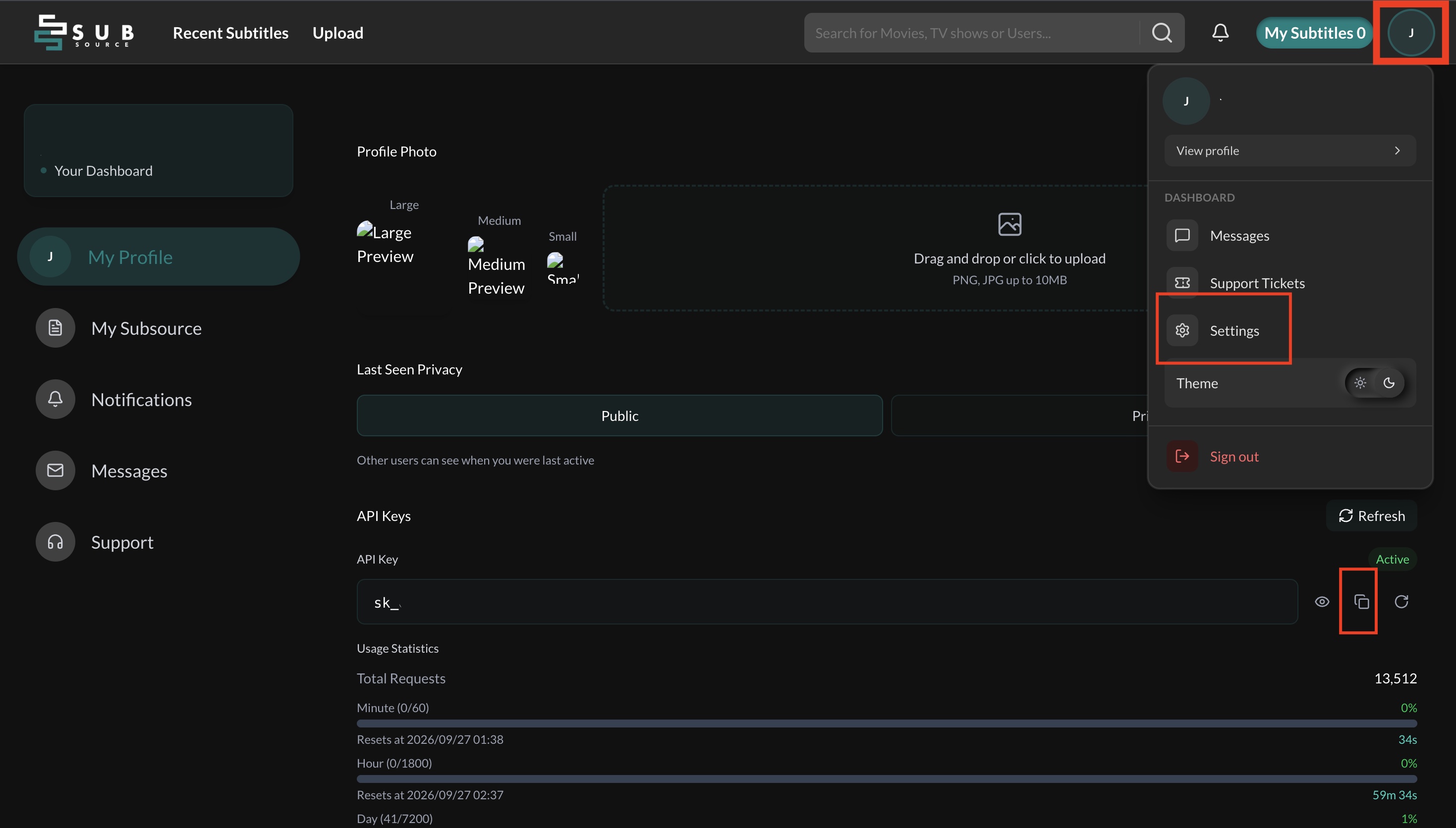 إعدادات SubSource مع تحديد قائمة الملف الشخصي وأيقونة نسخ مفتاح API