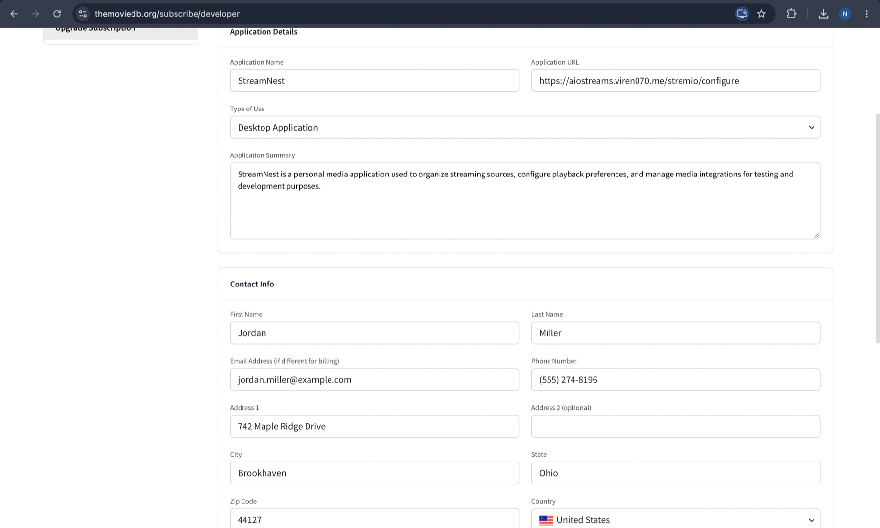 مثال على حقول طلب مفتاح TMDB API
