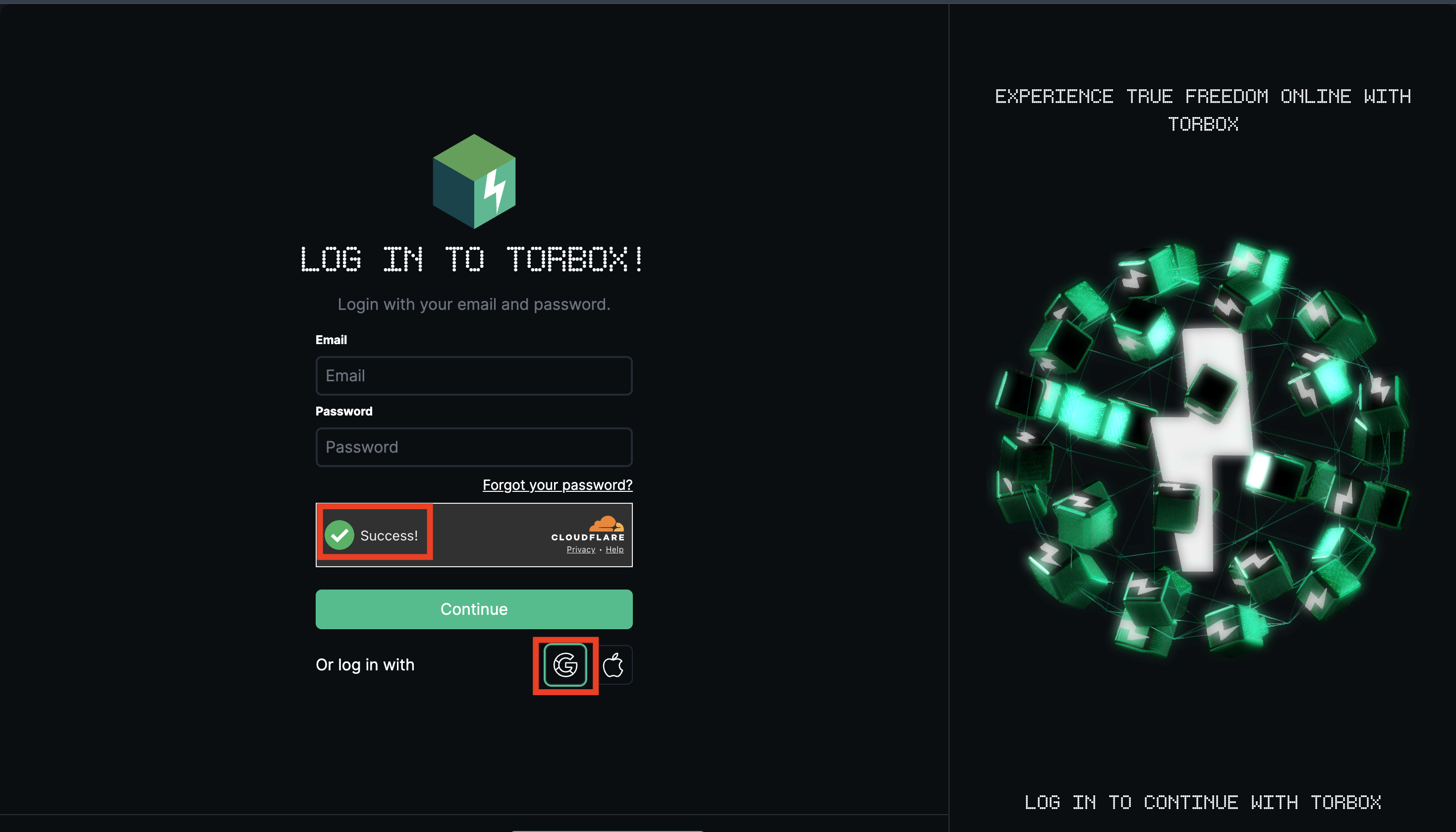 صفحة TorBox لتسجيل الدخول، مع نجاح تحقق Cloudflare وزر Google