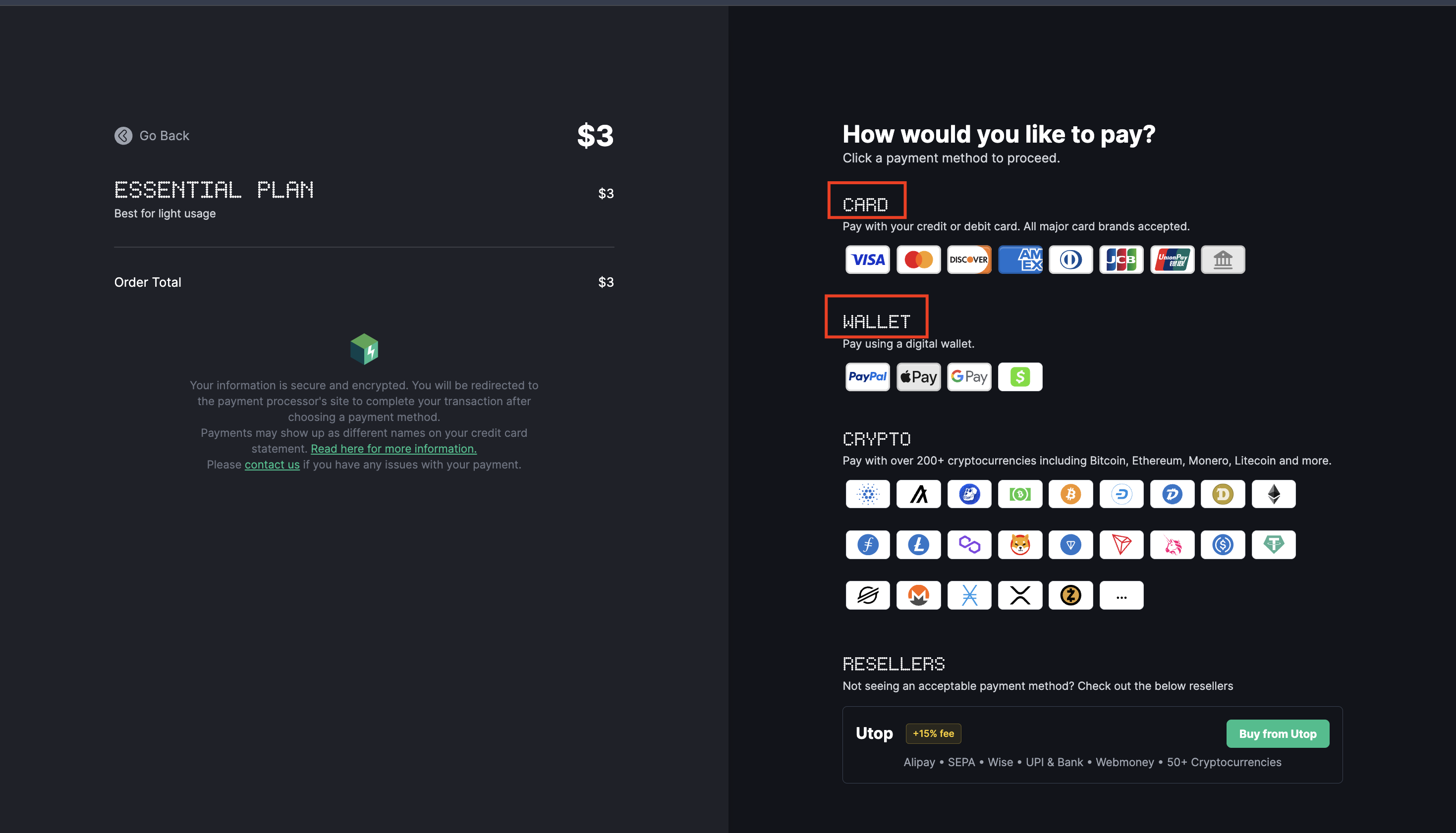 صفحة دفع TorBox مع خيارَي Card وWallet