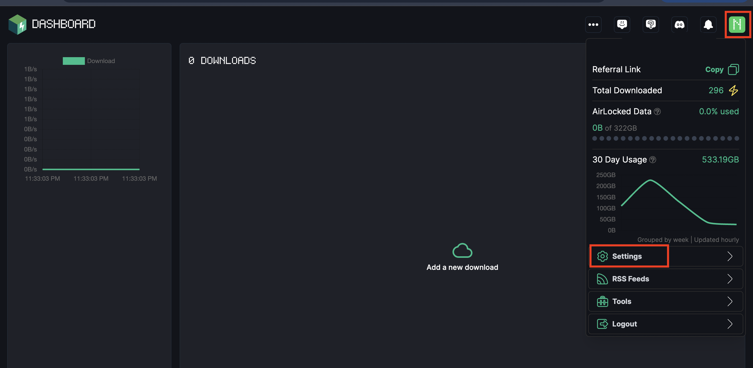 قائمة حساب TorBox مع خيار Settings